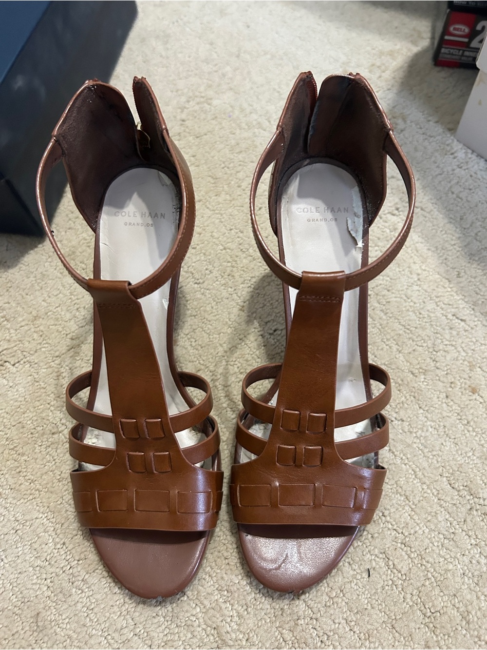 Cole Haan Brown Leather Strappy T‑Bar Heels
